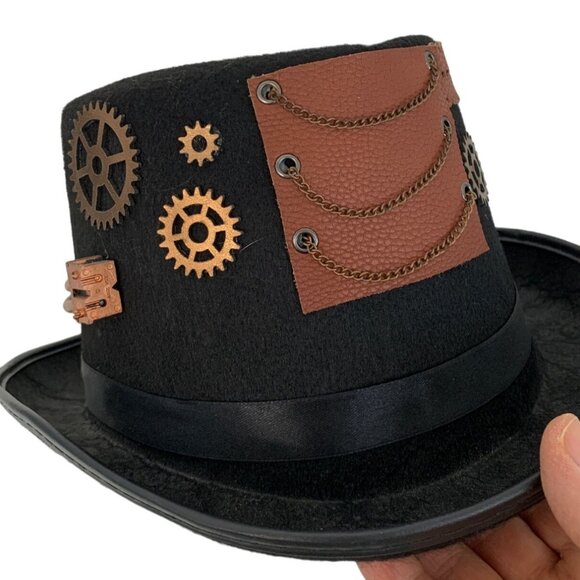 Unisex VTG Festival Adult Steampunk Black Top Hat Gears Chains Size OS 23" 7736 - Picture 6 of 6